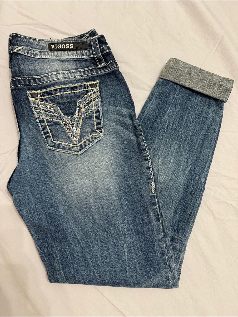 Vigoss Women's Distressed Embroidered Pocket Boyfriend Jeans | Size 1/2 x 29”